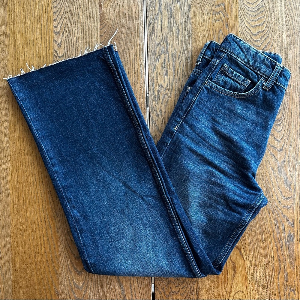 Mango Wide Leg Raw Edge Distressed Hem Blue Denim Jeans Casual Summer Classic - Picture 3 of 13